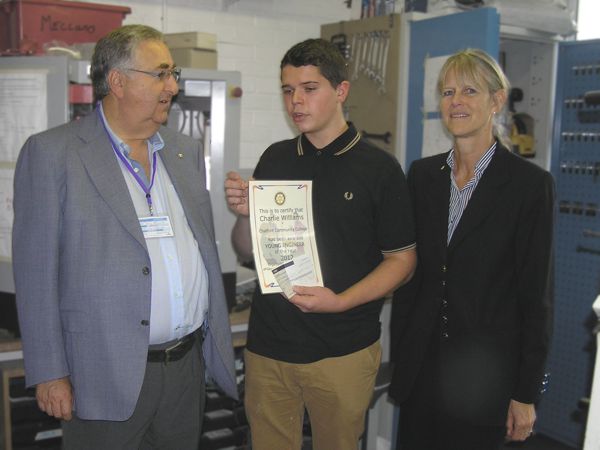 Rotary President John Krushner, award winner Charlie Williams, College Principal Sue Tanner 